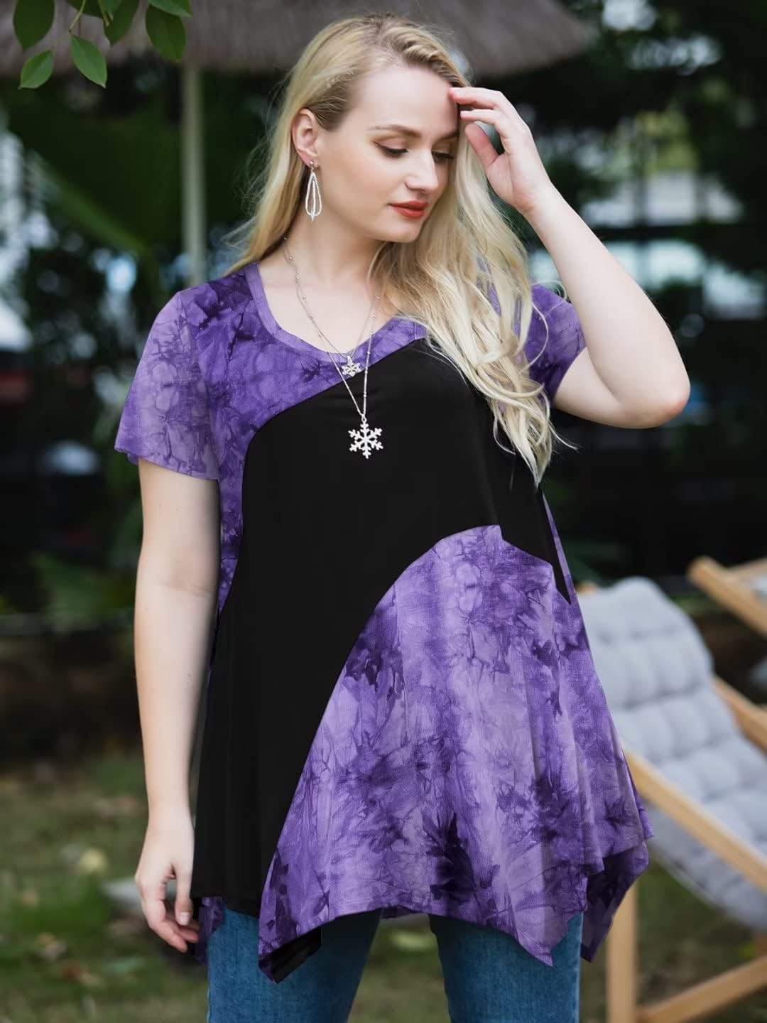 LARACE Plus Size Tops for Women V Neck Summer Shirt Short Sleeve Blouses Patchwork Tunics - Image 2