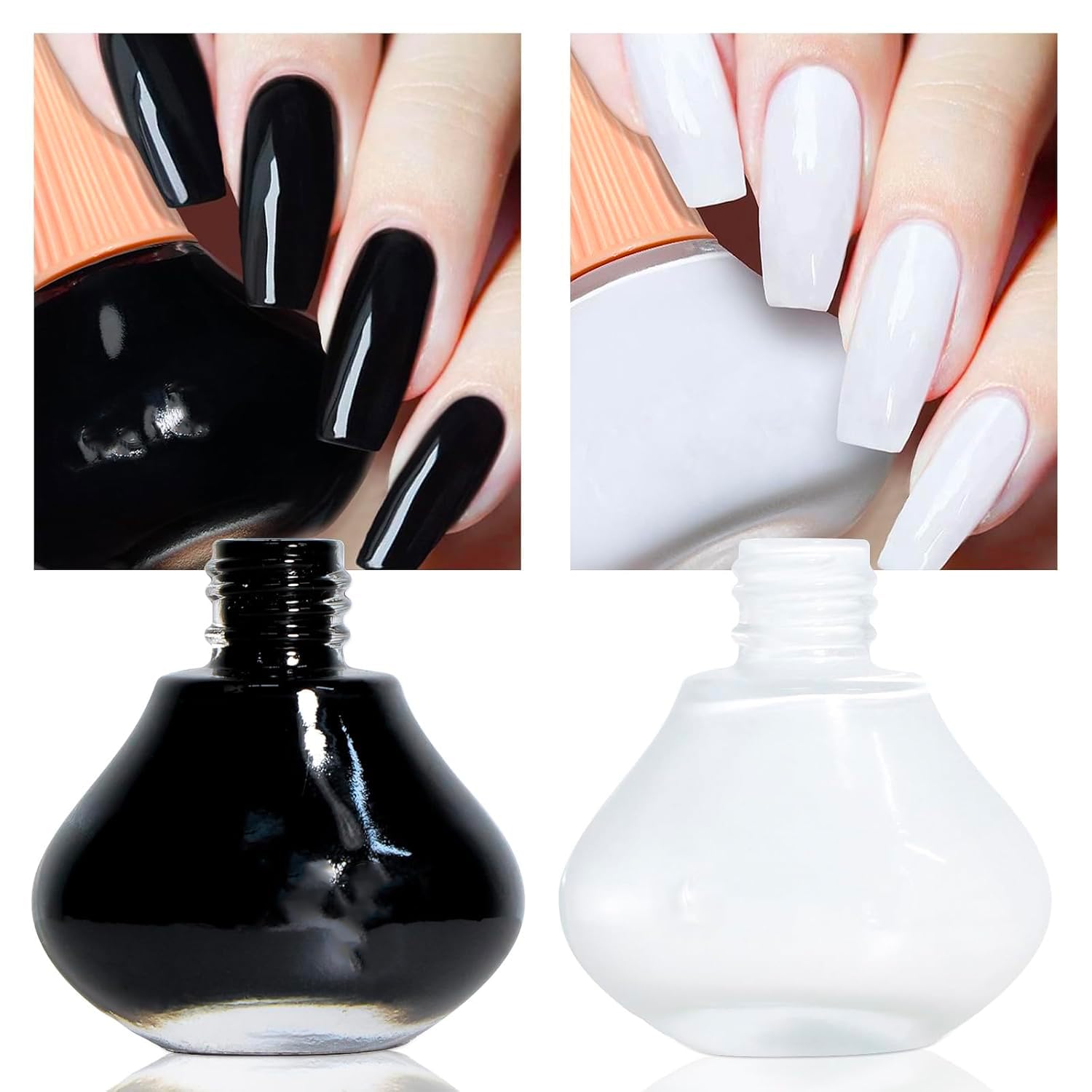 COSMOO White and Black 2pcs Nail Polish, 12ml Quick Dry Nail Lacquer, Super Lustrous Nail Enamel Polish, Shimmer Iridescent Ultrachrome Nail Art Varnish, 0.41 fl oz/pcs (Black + White)