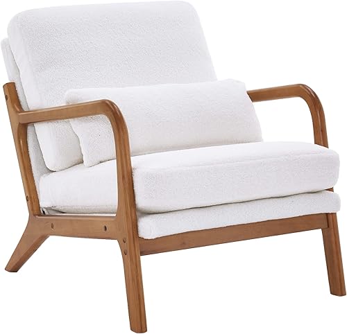 Miniatura 19 de SSLine Sillón tapizado moderno de tela de lino suave con almohada y marco de madera de roble, cómodo sofá individual con respaldo alto, silla de