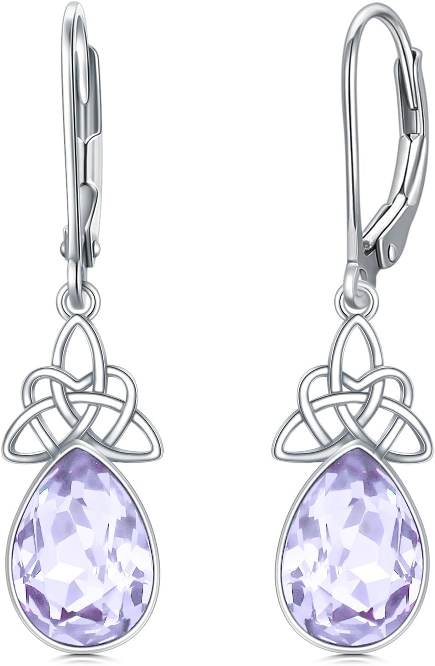 VONALA Celtic Knot Birthstone Dangle Earrings 925 Sterling Silver Irish Crystal Leverback Earrings Christmas Jewelry Gifts for Women