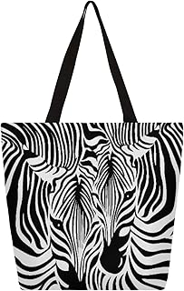 Sacola de lona para mulheres estampa animal zebra sacolas grandes para homens com bolsos sacolas de compras resistentes sacolas de compras reutilizáveis, bolsa de ombro casual para escola, trabalho, praia, Multicor