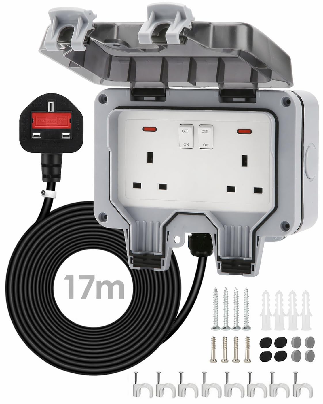 Zenmos Double Outdoor Socket 17M Extension Lead, Outdoor Plug Sockets Waterproof IP66, 13Amp 2 Gang Outside Plug Socket Waterproof, Switch Indicator Light Garden Wall Electrical Outlet Cover Box