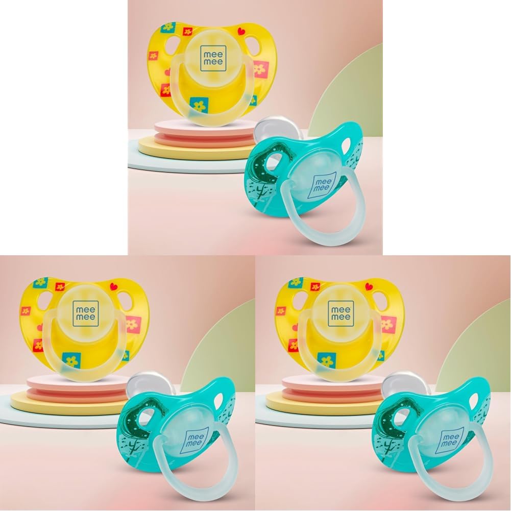 Mee Mee Baby Silicone Pacifier | Orthodontic Nipple for Oral Stimulation | Unique Shape to Support Psychological Breathing | Soother for Babies | Easy to Clean | 0-18 Months (Yellow/Green) Pack of 3-image-22