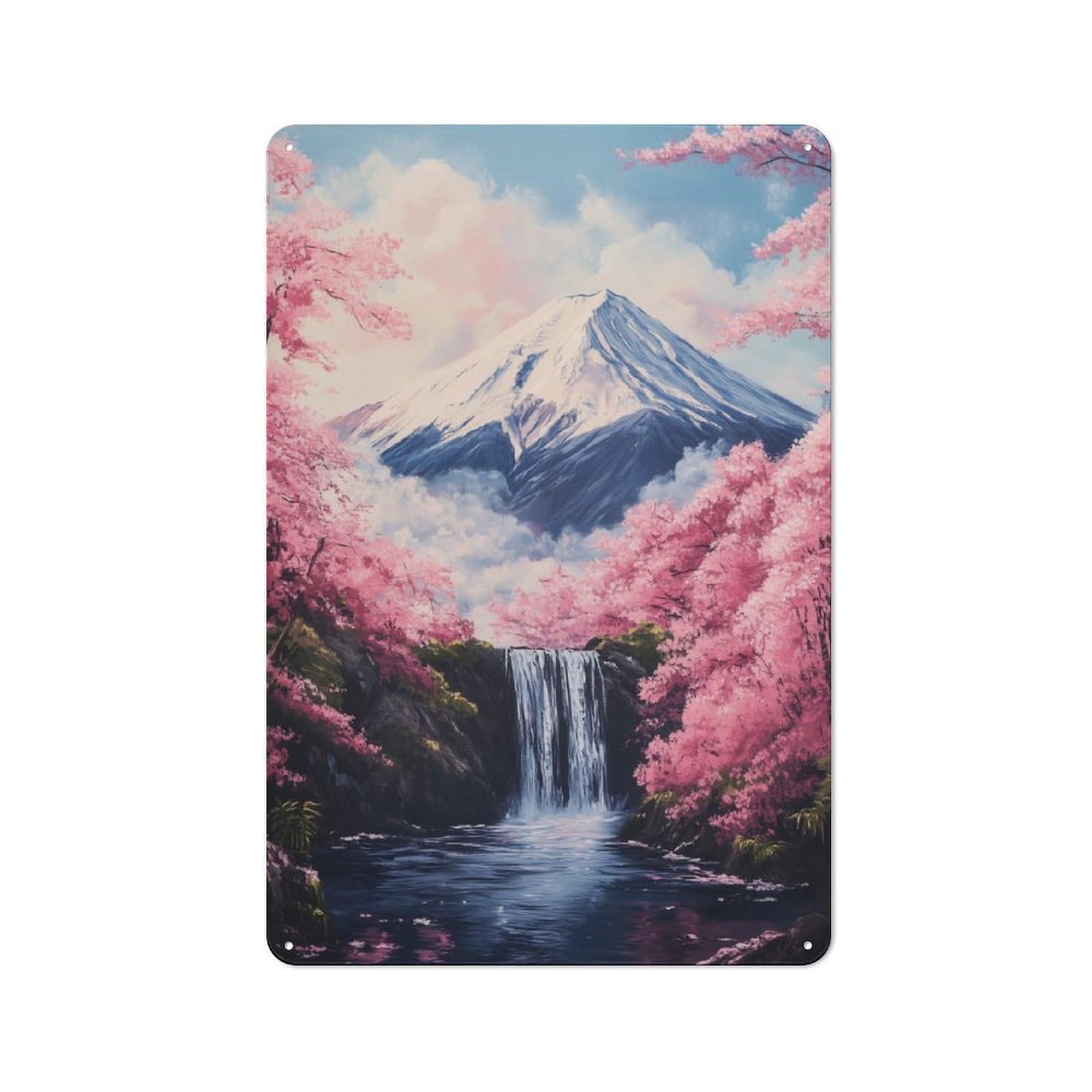 Junmoney Mountain Fuji Waterfall Sakura Vintage-Inspired Tin Sign 30X20cm For Café Or Restaurant, For Cooler-Month Interiors With Vintage Character