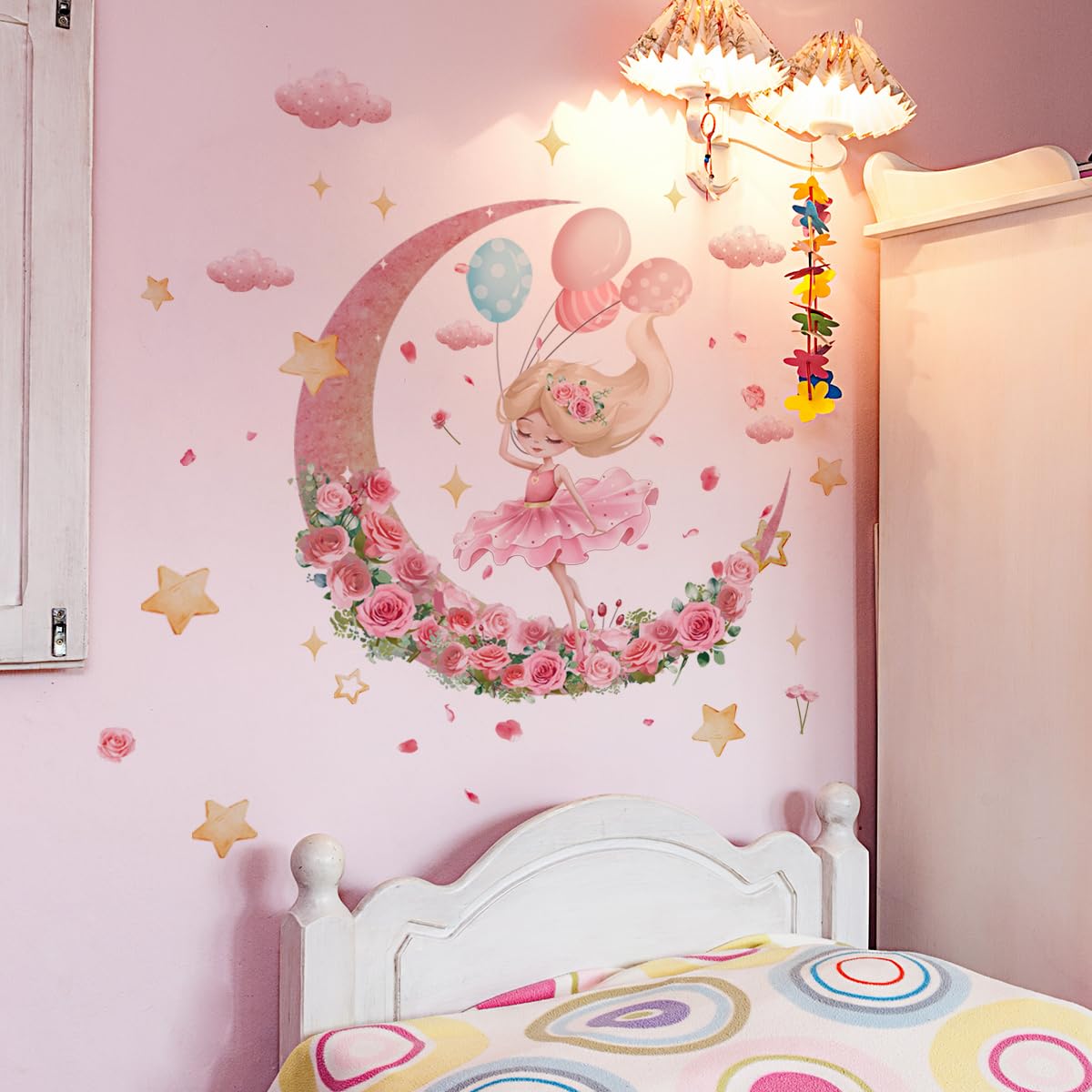 Muiltvoe Wall Stickers for bedrooms, Girls Wall Stickers, Fairy Wall Sticker, Pink Flower Fairy Decals with oon Stars Clouds, Self-Adhesive Nursery Kids Room Wall Art, 70x60cm