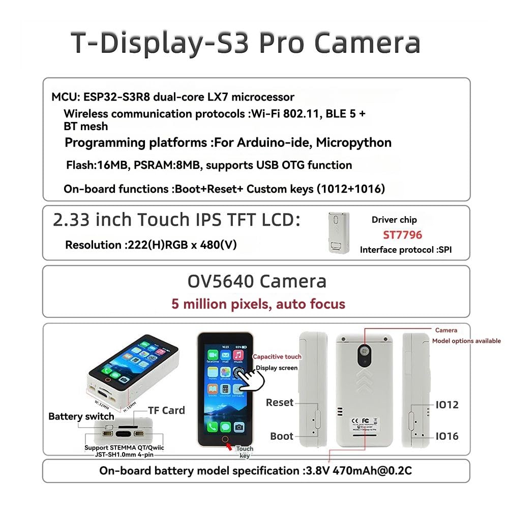 T-Display-S3-Pro płytka rozwojowa + kamera 5MP OV5640 -S3 5.9 cm dotykowy moduł LCD Wi-Fi 802.11 BLE 5+BT Mesh C