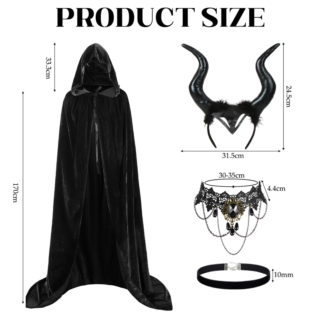 Cadimus Costume de Diable pour Femme,Costume d'halloween pour Femme avec Coiffe de Cornes de Reine,Collier en Dentelle Gothique,Cape d'halloween Noire pour fêtes d'halloween, fêtes costumées Cosplay