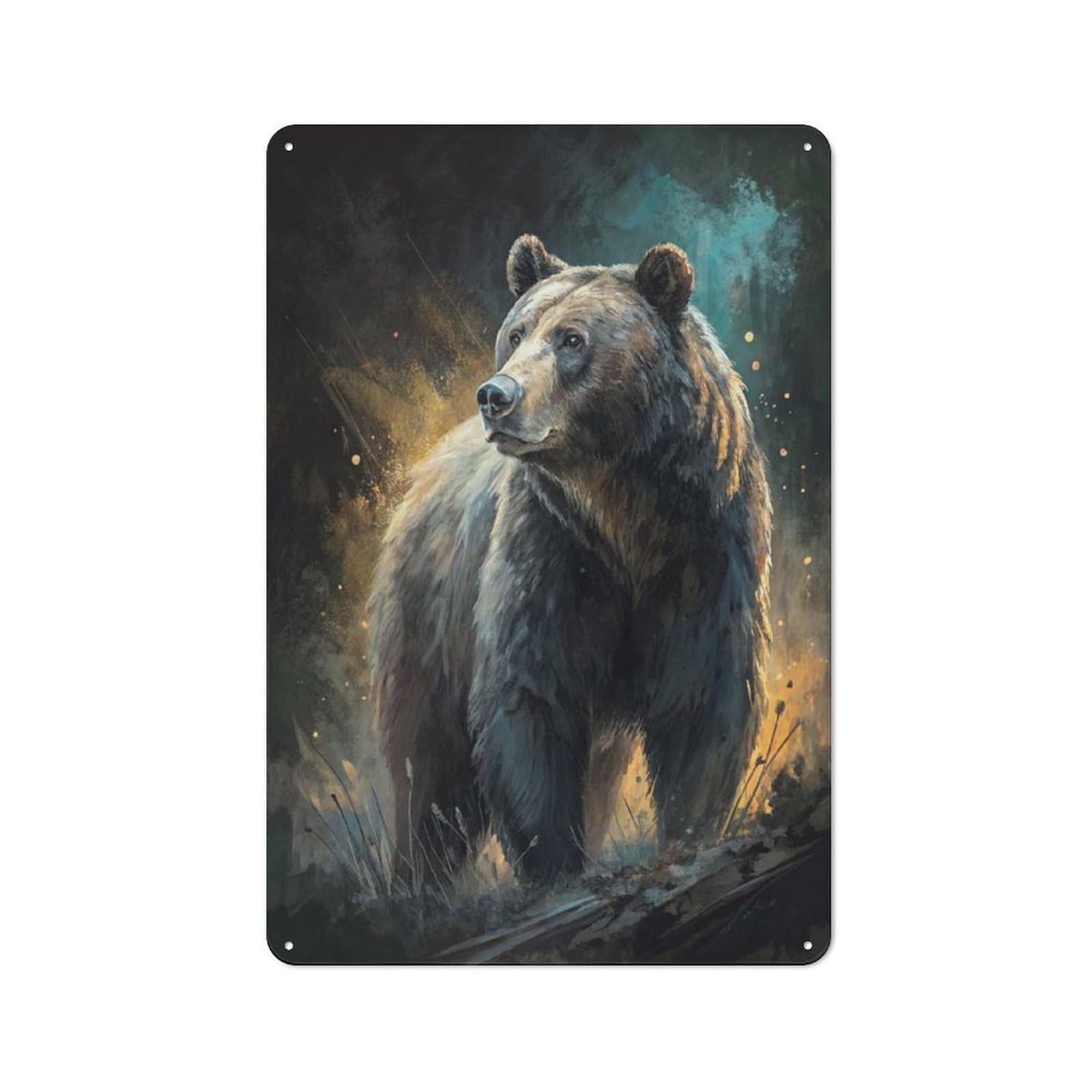 Junmoney Style-5 Grizzly Bear In A Moody Forest Rustic Metal Plaque 30X20cm For Living Room Or Hallway, For Garage, Workshop And Man Cave Decoration