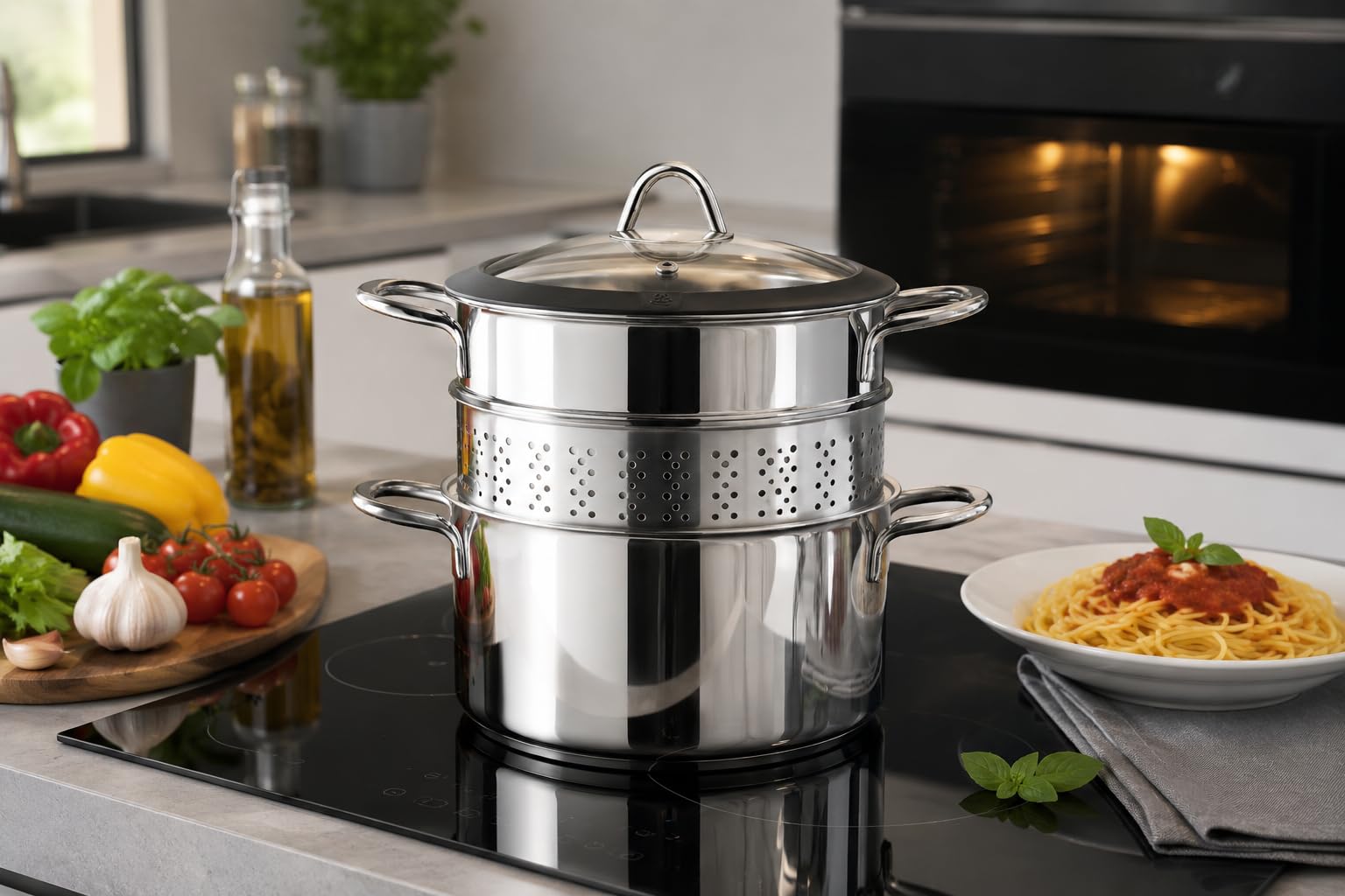 Milano - Olla para pasta, pasta, de acero inoxidable 18/10 con cesta escurridora y tapa de cristal, diámetro de 22 cm, todos los tipos de cocina, fabricada en Italia
