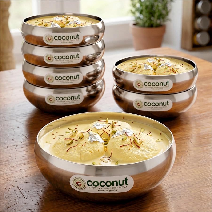 Image of coconut Stainless Steel Serving Bowl Set of 6, 150 ml Heavy Gauge Metal Bowls for Salad, Pasta, Snacks & Side Dishes, Mirror Finish Rust Resistant BPA Free Food Serving Bowls