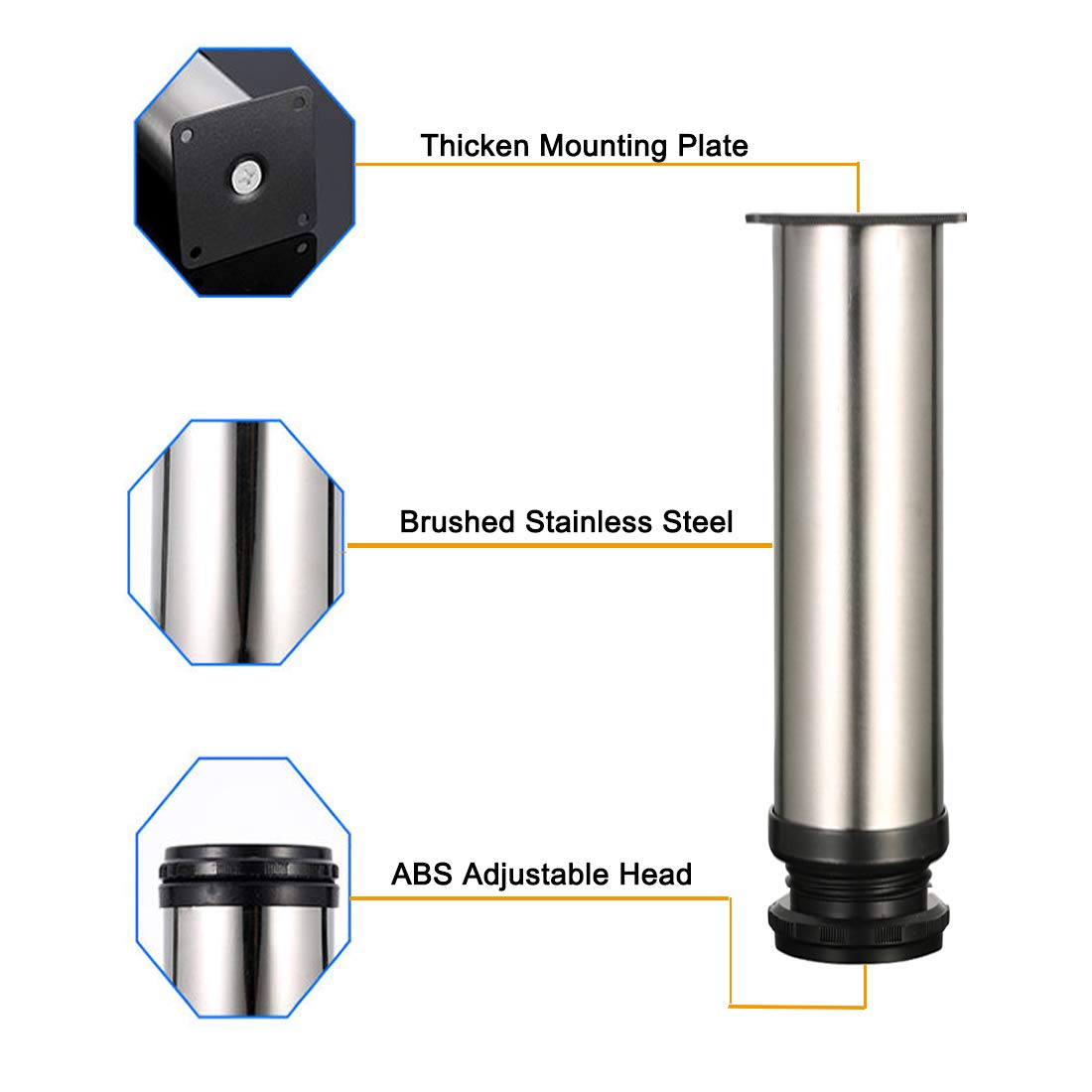 4 piezas Pies ajustables, Pies de gabinete de 200 mm de altura, patas de mesa, patas de muebles, acero inoxidable cepillado, altura ajustable de 0-15 mm, vienen con tornillos de acero inoxidable
