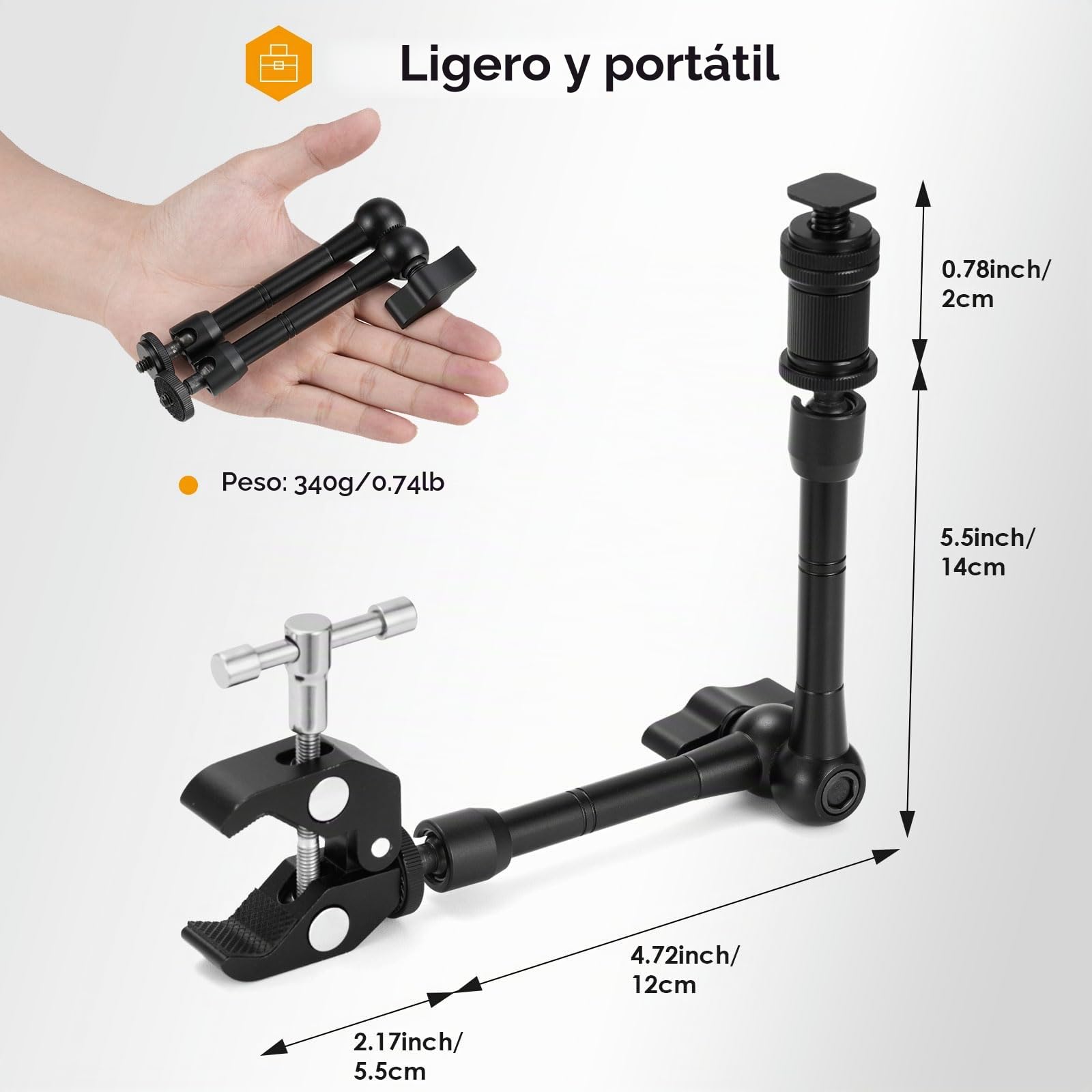 TARION Brazo mágico con súper abrazadera – Soporte de brazo de fricción articulado flexible mejorado de 28 cm y abrazadera de cangrejo ajustable con tornillo de rosca de 1/4 pulgadas 3/8 pulgadas para