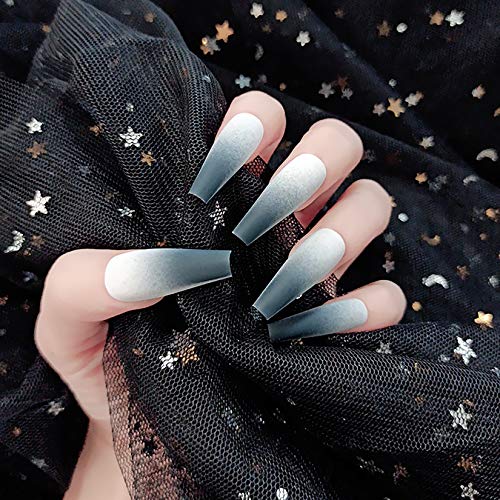 24 Pcs Press on Nails Coffin, Luvehandicraft Long Matte Fake Nails Coffin, False Nails with Glue for Women and Girls (Grey)