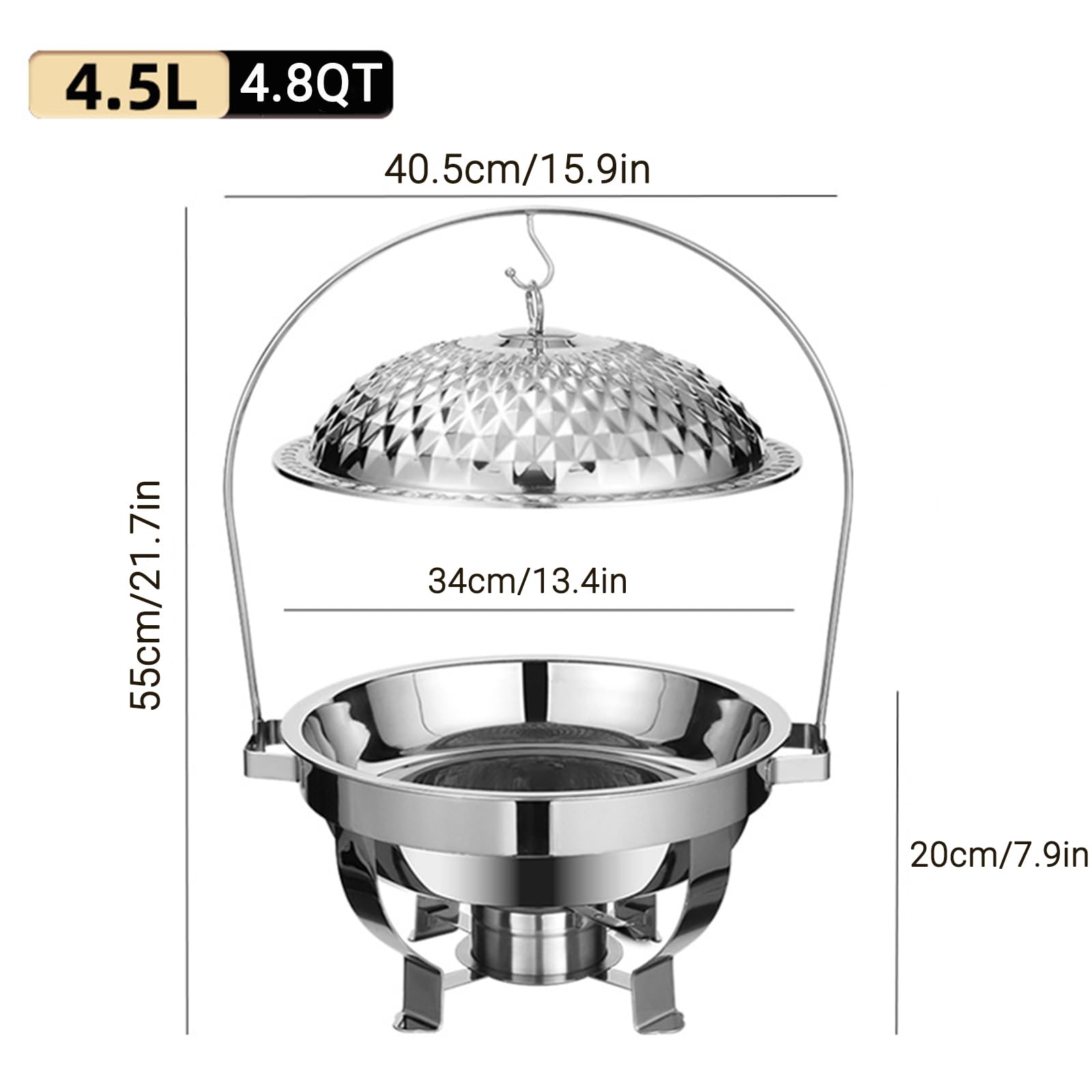 Juego de recipientes redondos de acero inoxidable para mantener la comida caliente, ideales para bufés, catering y eventos. Elegantes recipientes para bufé con tapas colgantes (2pcs Silver 4.5L/4.8QT)