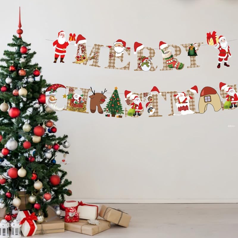 Miniatura 6 de KUNGOON Decoración de pancarta de Navidad, banderín de Merry Friendsmas con Papá Noel, diseño retro a cuadros, decoración de chimenea de invierno