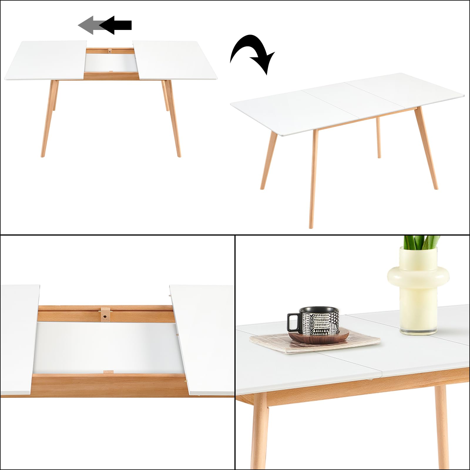 H.J WeDoo Tavolo da pranzo allungabile 120-160cm con 6 sedie in legno bianc | Tavolo in MDF con gambe in faggio e 6 sedie ergonomiche in plastica con cuscino, ideale per cucina e soggiorno moderno