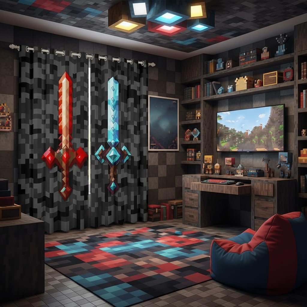 Castle Fairy Red Blue Sword Bedroom Decor Curtains,Sandbox Building Games Window Curtain,Kids Teens Pixelated Style Swords Window Treatment Grey Black Camo 30-50% Blackout Drapes 2 Panels,38Wx54L