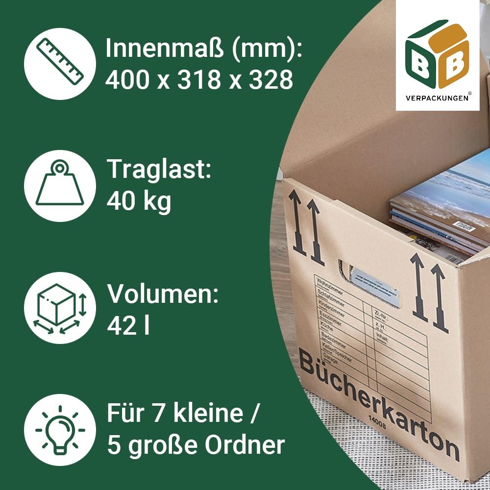 BB-Verpackungen 10x Bücherkartons Aktenkarton COMPACT 410 x 328 x 348 mm (10 Stück) 2-wellig | doppelter Boden, recycelte Pappe und dreifach Griffverstärkung