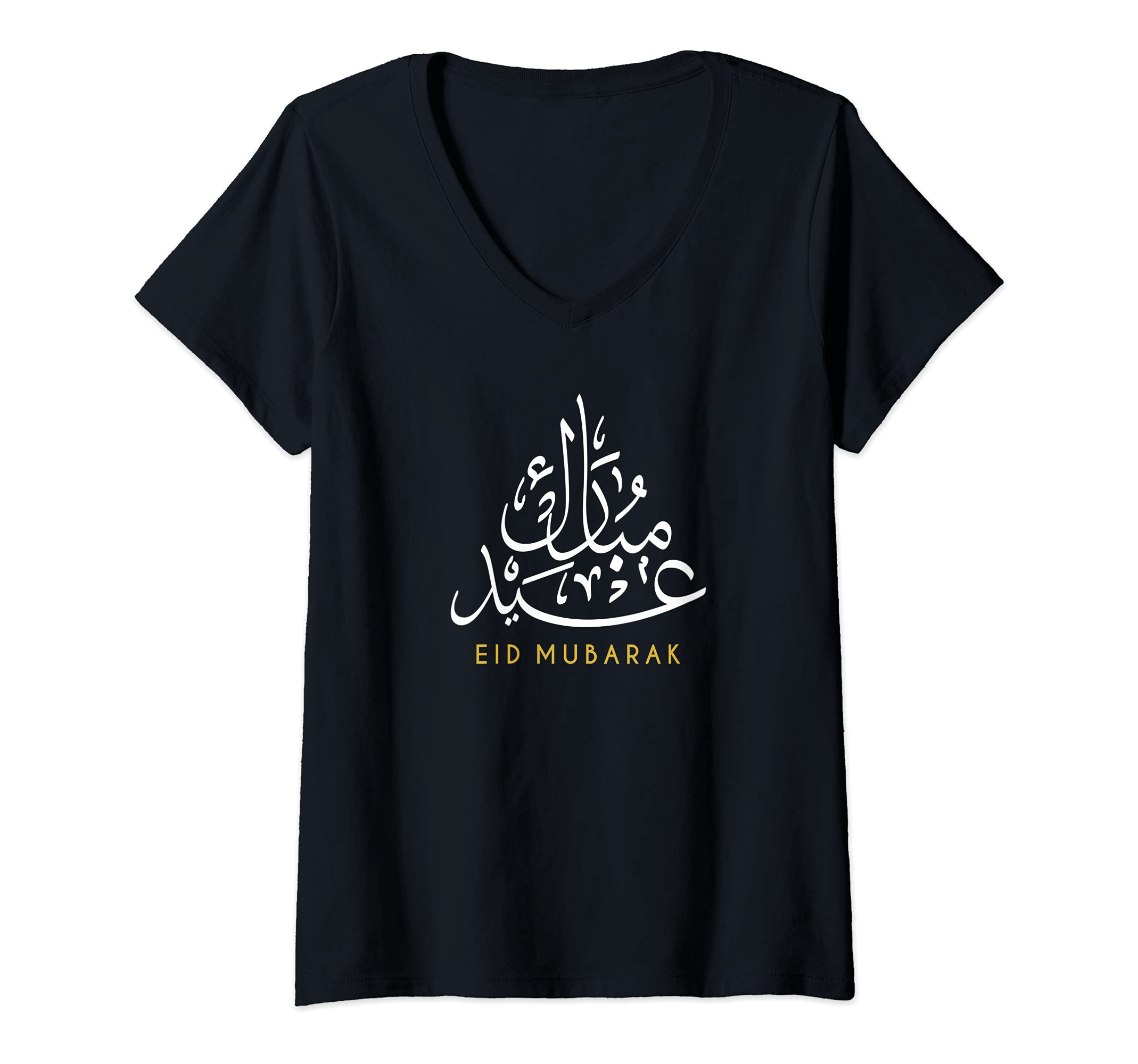 Womens Eid Mubarak Islamic Arabic Ramadan Calligraphy V-Neck T-Shirt, Black