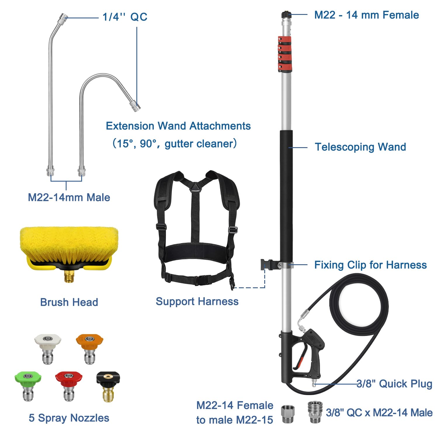 LidoDola Kit de varita telescópica para lavadora a presión de 24 pies, poste de extensión, limpiador de canalones, cepillo y 7 boquillas para techo, cubierta, vehículo, revestimientos