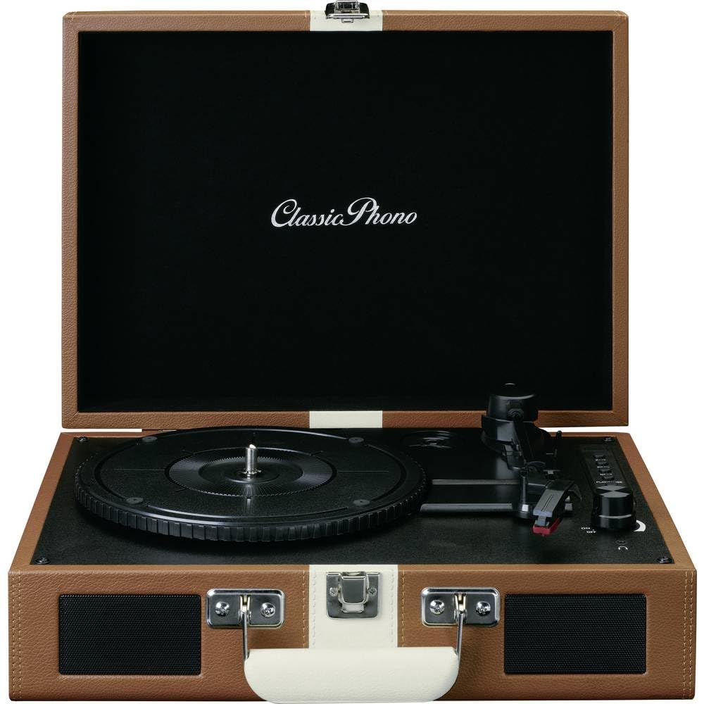 Lenco Tt-120 Platine à Disque avec Batterie Intégrée Bluetooth 33, 45, 78 Rpm - entraînement Par Courroie - 2 Haut-Parleurs - aux-In, Rca-Out 3,5 Mm - Marron/Blanc