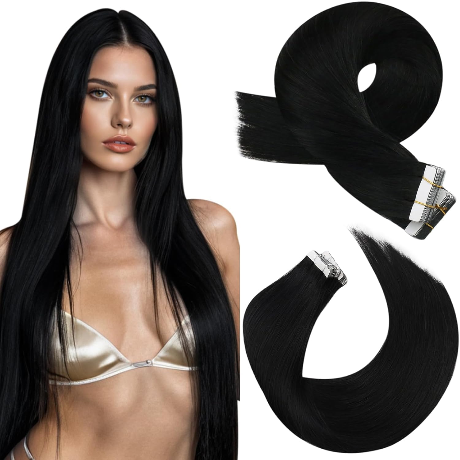 Moresoo Tape in Extensions Echthaar 45 cm Seidig Glatt Remy Haarverlängerung Echthaar Extensions Tape Schwarz 20 Stück/50g Doppelseitig Unsichtbar #1 Natürlicher Look für Alltag