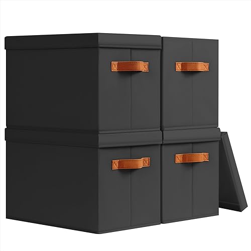 Miniatura 9 de Contenedores de almacenamiento con tapas, cestas de almacenamiento de tela para estantes, paquete de 4 cajas decorativas plegables con asas, Beige