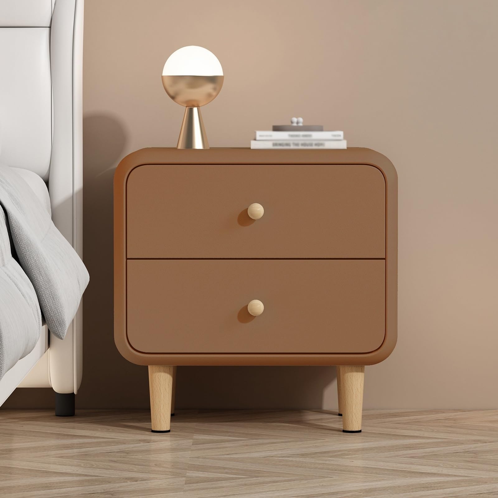 FYIYIEW bedside table, No Installation Required Arc Corner Design To Prevent Bumps(Khaki,45cm/17.7in)