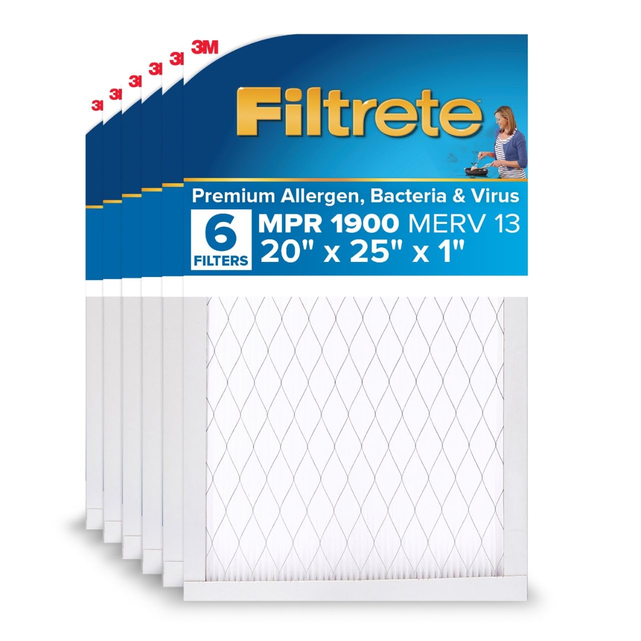 20x25x1 AC Furnace Air Filter, MERV 13, MPR 1900, Premium Allergen, Bacteria & Virus Filter, 3-Month Pleated 1-Inch Electrostatic Air Cleaning Filter, 6-Pack (Actual Size 19.69x24.69x0.78 in)