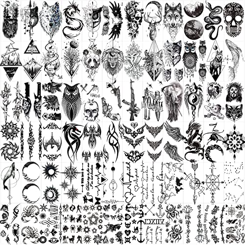 LONGHAOCHA 72 Sheets Tiny Temporary Tattoos Stickers, Fake Tattoos That Look Real And Last Long, Halloween Tattoos Include Black Scary Wolf Lion Tiger Skeleton Skull Tattoos Temporary Tattoo