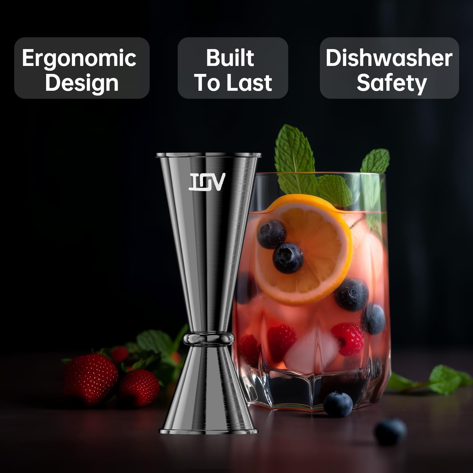 IOV Jigger per Bartending, doppio Jigger professionale da cocktail con libretto di ricette, jigger giapponese in acciaio inox 18/8 di alta qualità da 56,7 g 28,3 g con dimensioni interne per cocktail