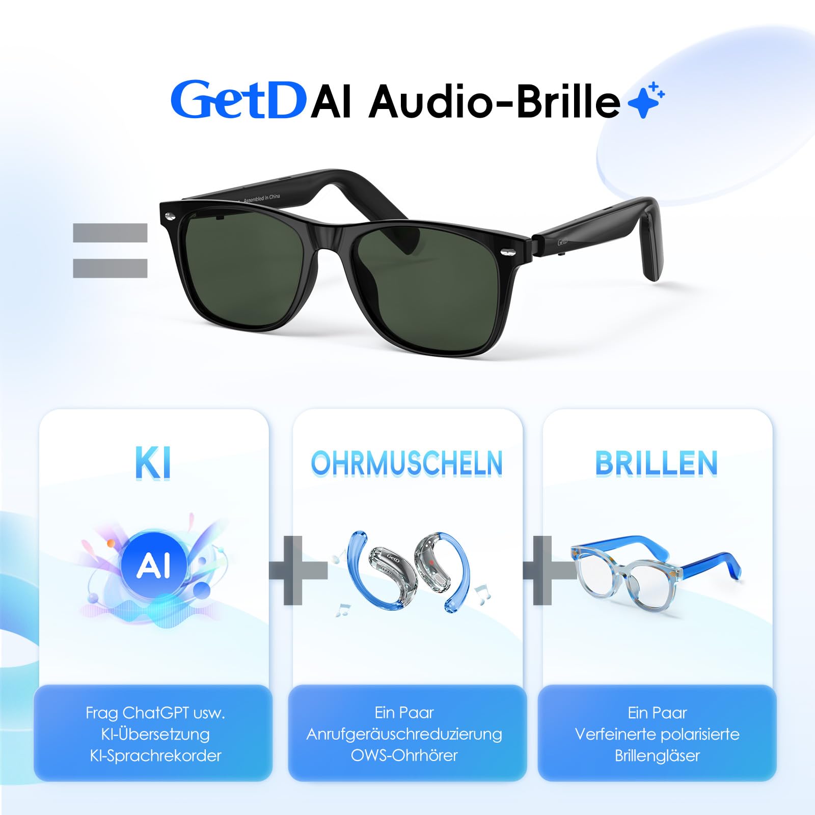 GetD Occhiali Intelligenti, Occhiali Audio Bluetooth Open-Ear con Altoparlante e Doppio Microfono, Occhiali da Sole Polarizzati TAC per Uomini e Donne, TR90 Telaio Nero (Lenti Verde)