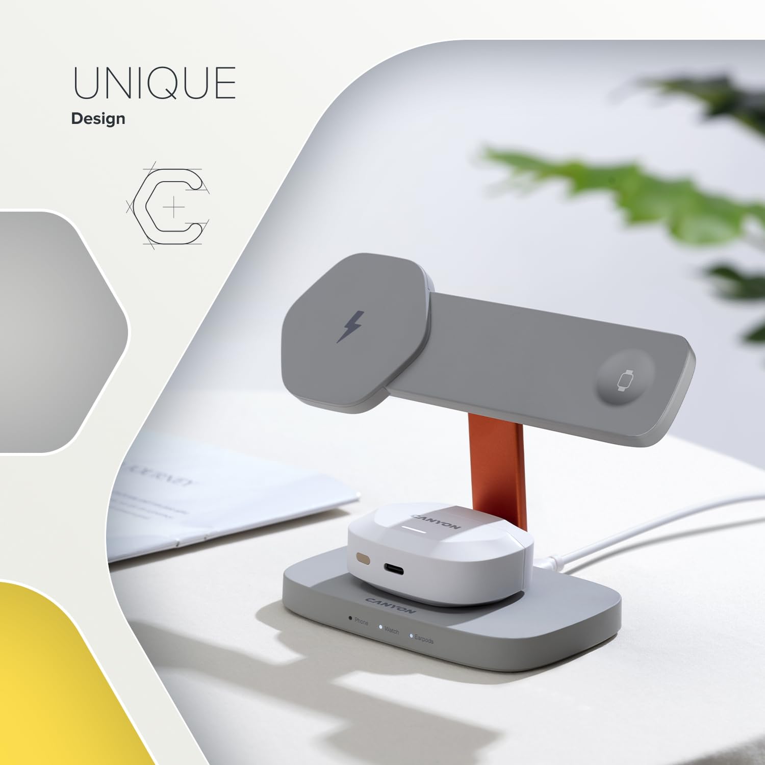 CANYON Hexagon WCS-310 - Estación de carga inalámbrica 3 en 1 para iPhone, Apple Watch y AirPods, cargador Qi rápido de 15 W, orientación magnética, indicador LED, adaptador de 20 W, gris oscuro/azul