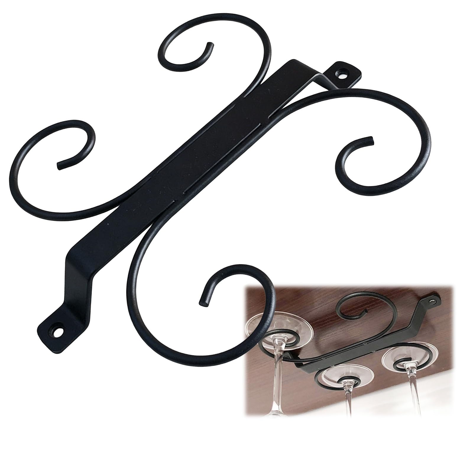 ASYJVWYZ Decorative Scrollwork Wine Glass Hanger Rack, Metal Under Shelf Stemware Holder，Space-Saving Glassware Storage(Black,4 cups)