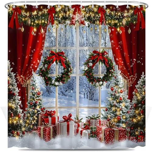 Merry Christmas Shower Curtain Christmas Tree Winter Forest Pine Xmas Wreath Snowflake Vintage Rustic Farmhouse Snowy New Year Holiday Bathroom Decor Set Polyester Fabric with Hooks 70X70 Inch