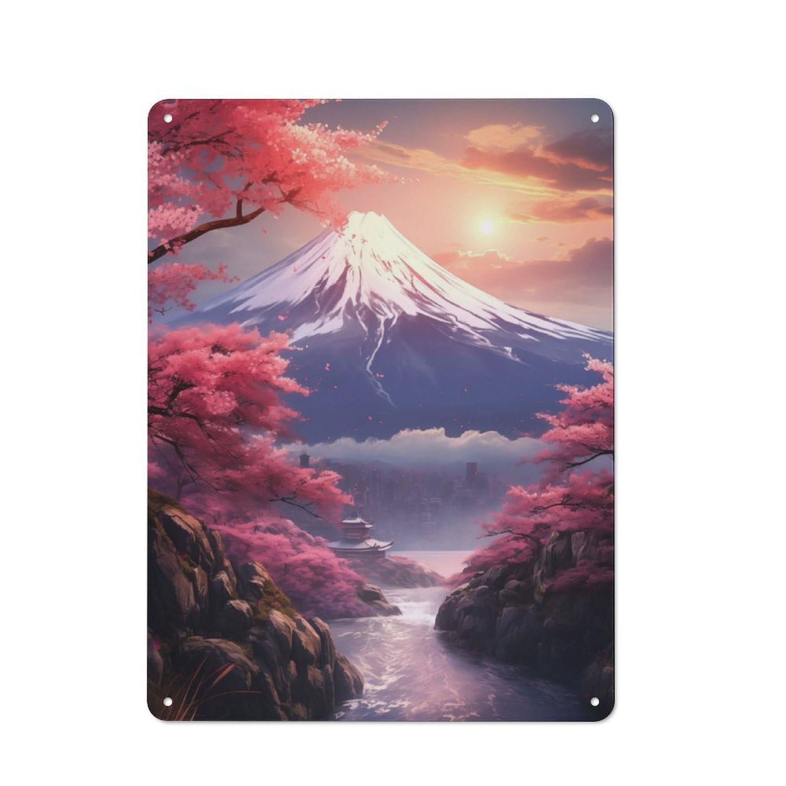 Junmoney Fuji View With Sakura Metal Sign 40X30cm With For Pub Or Café, Retro Decor, For Vintage Wall Decor Fans, For Garage And Workshop Walls