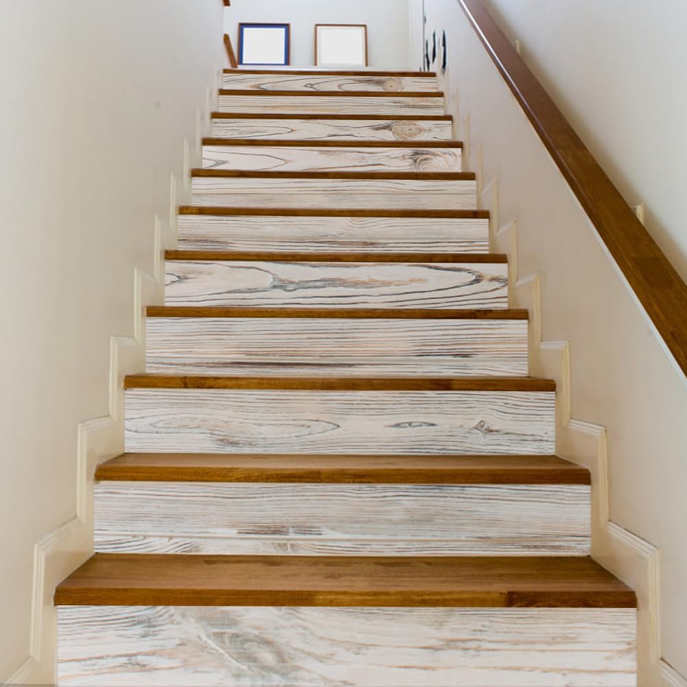 PLIGREAT 15 tiras adhesivas para escaleras con vetas de madera, extraíbles y adhesivas, 18 x 100 cm, en vinilo autoadhesivo para escaleras de madera rústica, decoración de pared para casa y hotel