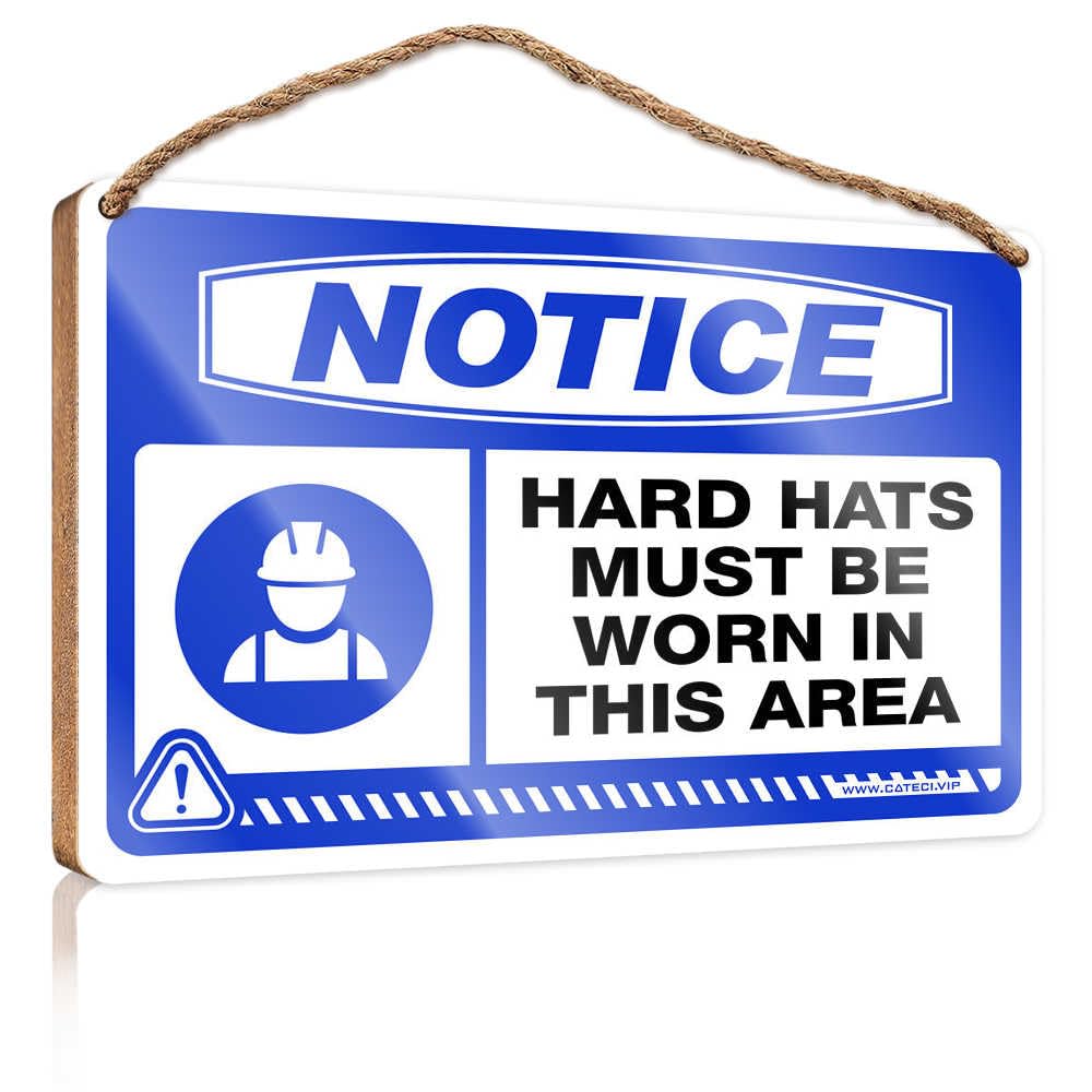HMQW Hanging Wooden Plaque Notice Hard Hats Must Be Worn In This Area Wooden Sign Decore For Room Funny Bathroom Wall Decor Sign Woo(23X35CM)