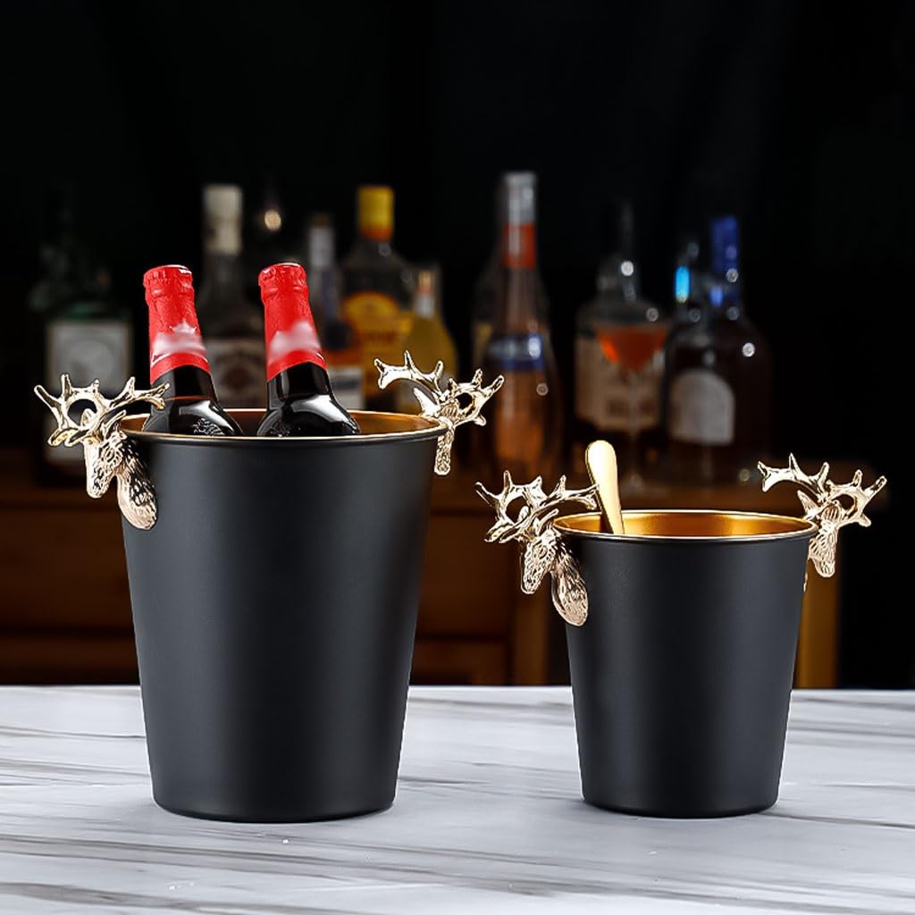 Beer Bucket - Refrigeratore isolato per spumante con manico a testa di cervo in metallo, acciaio inox, 5 litri, per cocktail, vino, bar di casa, refrigeratore per bevande per interni o esterni (oro, 5
