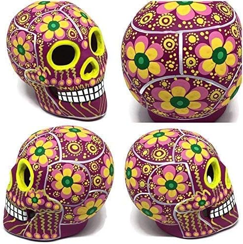 Hand-Painted Mexican Sugar Skull - 3" Dia de Los Muertos Altar Decorations | Day of The Dead Sugar Skulls | Cinco de Mayo Ceramic Calaveras Decor for Home or Office - by Artesano [Pink Flower]