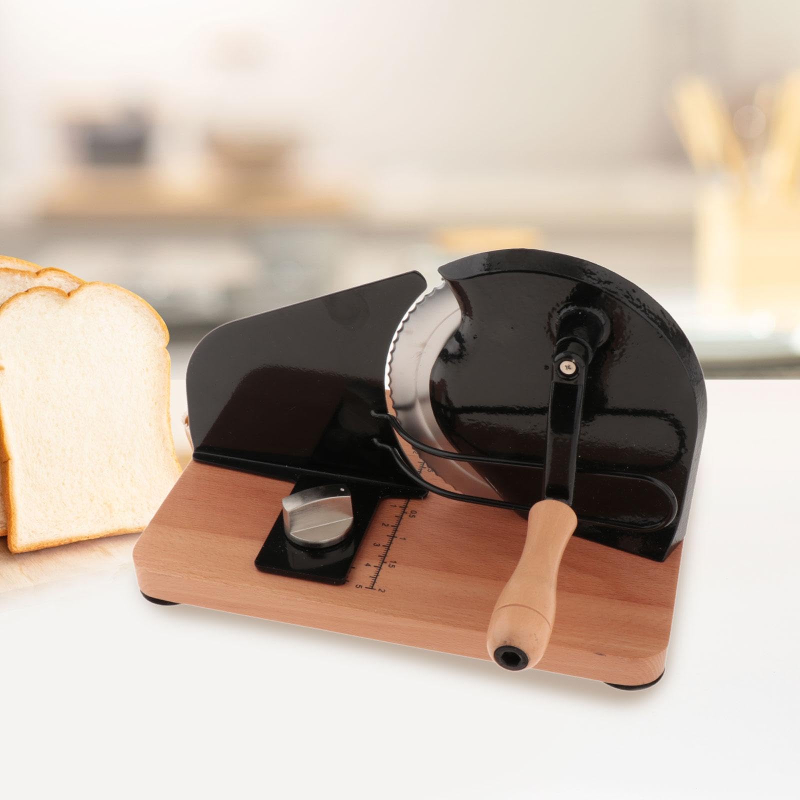 Cortador de Pan Manual Rebanadora Ajustable con Base Antideslizante Escala Incorporada Madera y Acero Inoxidable Adecuado Casero Cocina, Negro, Individual