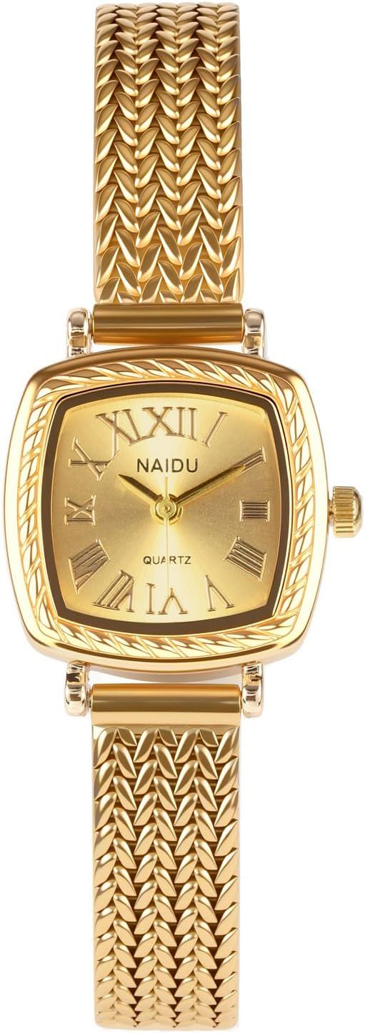Top Plaza Gold Watches for Women Vintage Square Case Watch Alloy Steel Roman Numeral Dial Bracelet Watch