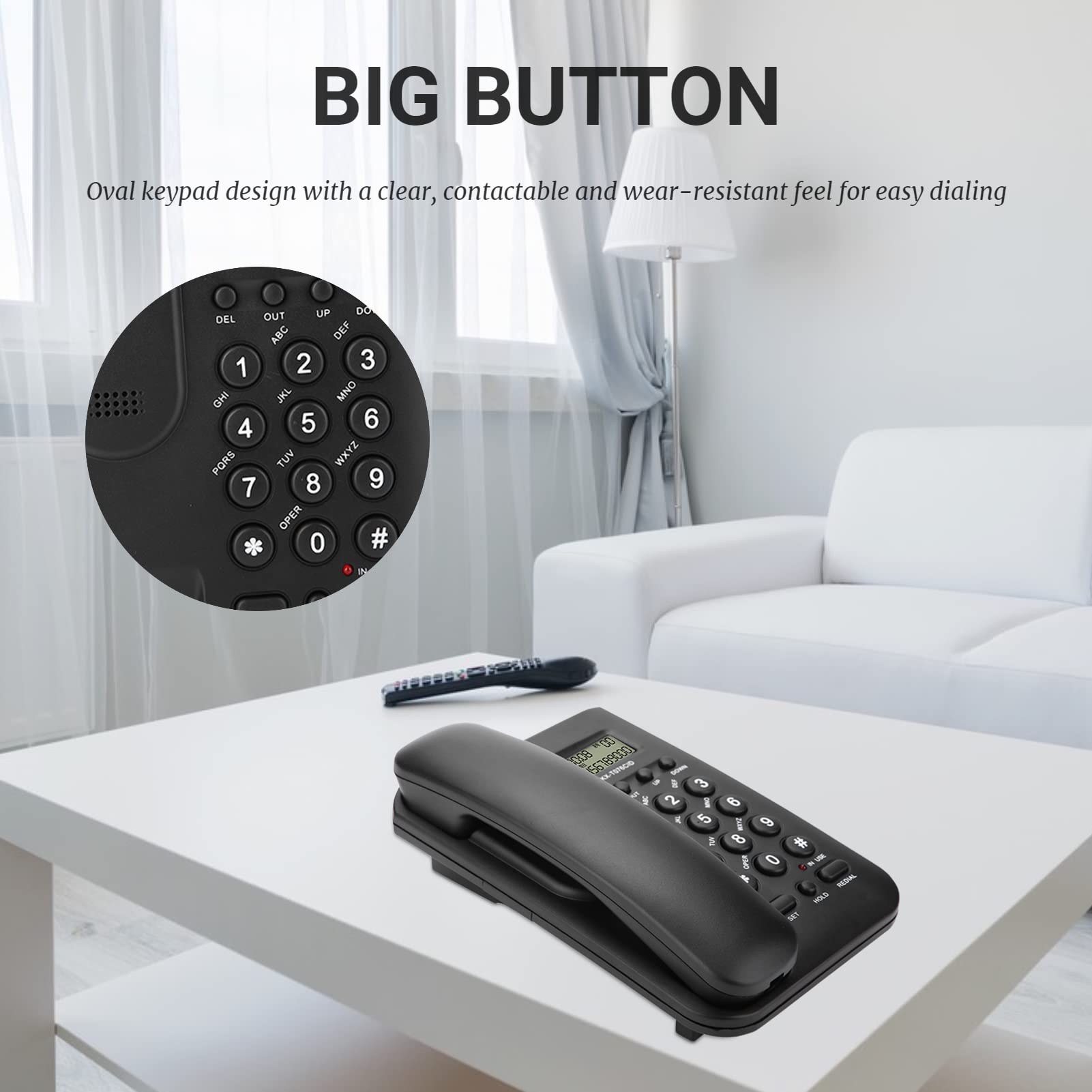 Schnurgebundenes Telefon, schnurgebundenes Tischtelefon mit Telefonkabel, großen Tasten, einstellbarer Lautstärke, Festnetztelefon für Home Office Hotel, unterstützt FSK/DTMF Dual System(Schwarz)