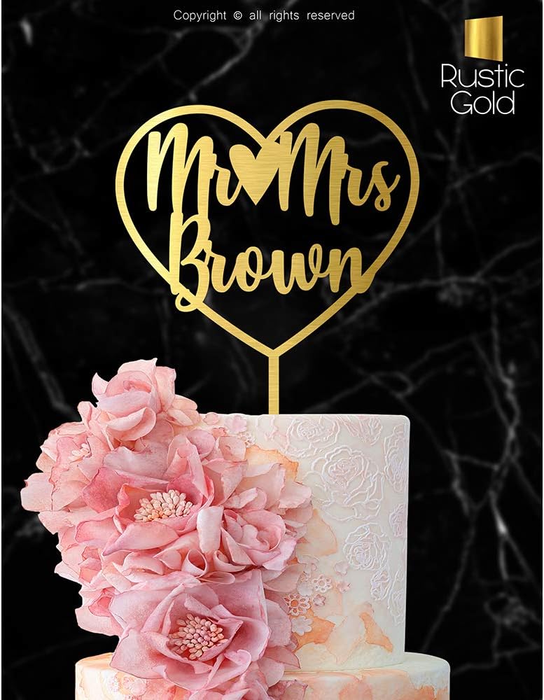 Personalized Bride and Groom Wedding Cake Topper With Customized Last Name for Mr Mrs (Rustic Gold)