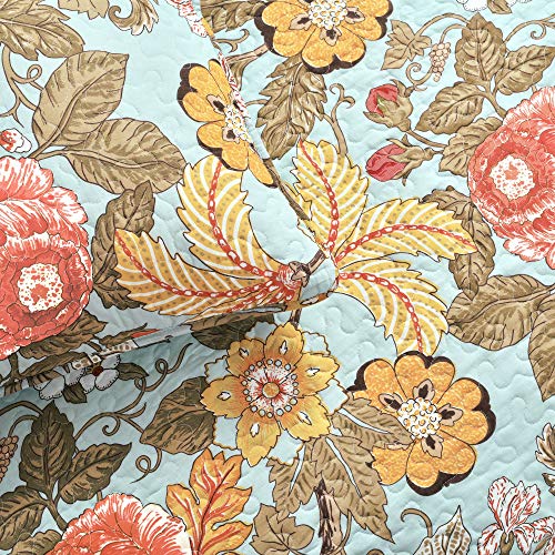 Image of Lush Decor Sydney Reversible Cotton Quilt Set, 3 Piece Set, King, Blue & Green - Cotton Bedding Set - Blue Floral Quilt - Cottage Decor - Bedding King Size
