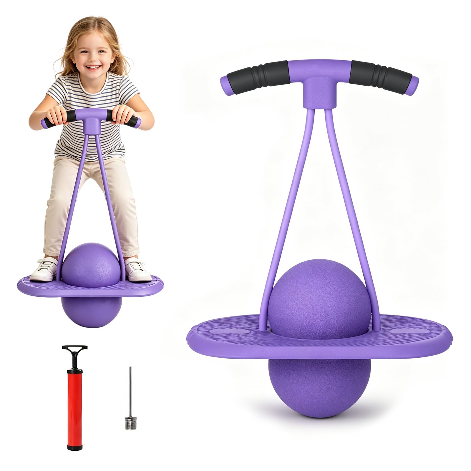 Balance Jumping Ball with Handle, Purple Pogo Ball for Kids Teens Adults, Stick Pump Bounce Ball for Indoor Outdoor Balance Training Fitness, Anti-Slip Footboard, Supports up to 110kg
