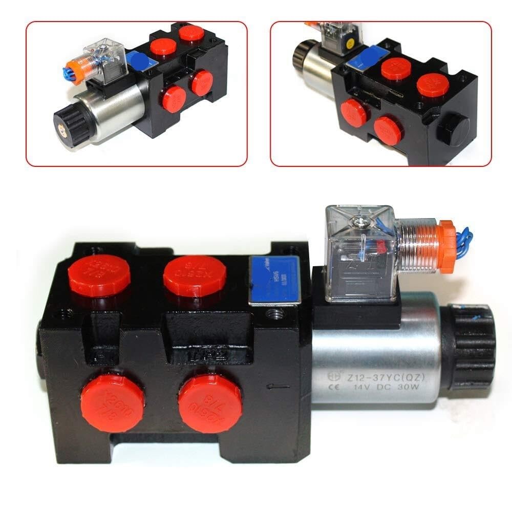 Válvula desviadora de solenoide hidráulica duradera de 12 V CC 3625 PSI, 13 GPM, 6 puertos, válvula desviadora/selectora, 3 enchufes, 6 puertos, negro y rojo