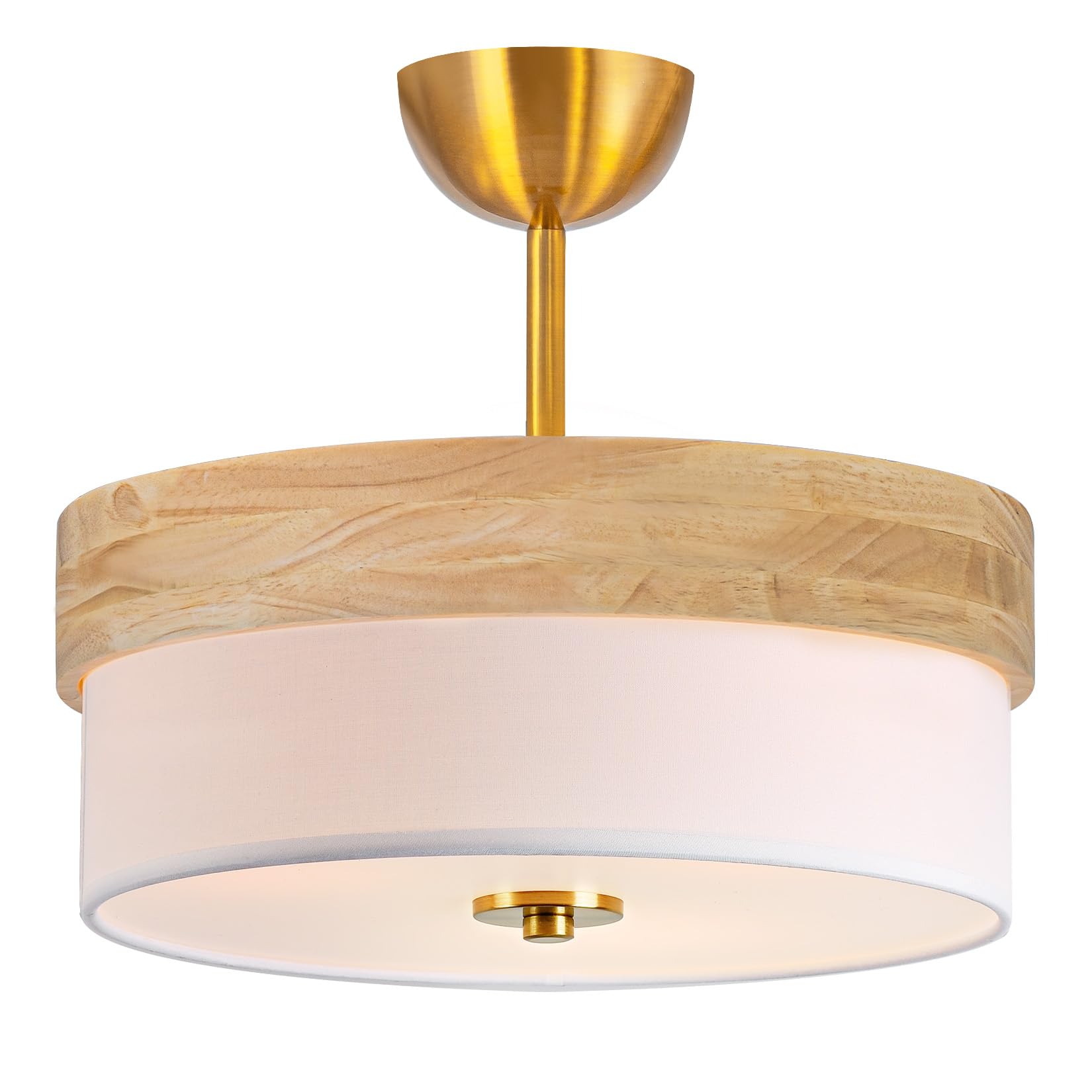 Photo 1 of **PARTS ONLY***Bargeni Semi Flush Mount Ceiling Light Fixture,13 Inch Gold Light Fixtures Ceiling Mount, Natural Wood Trim with Cream White Fabric Shade, Modern Flush Mount Light Fixture for Bedroom,Hallway,Kitchen