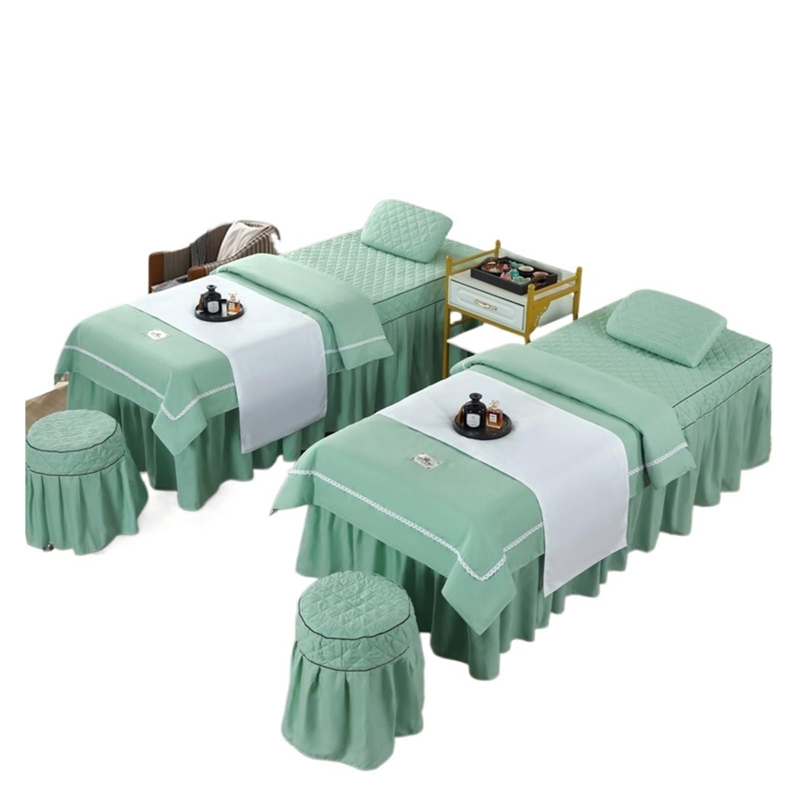 Massage Table Skirt 4pcs Beauty Salon Massage Bed Cover Sets Spa Bedskirt with Hole, Pillowcase, StoolCover, Dulvet Beddings(Color 1,185x70cm)