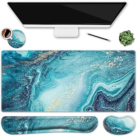 Keyboard Mouse Pad Set, Large Gaming Mouse Pad + Keyboard Wrist Rest + Coaster Set, 4Pcs Ergonomic XXL Desk Pad with Wrist Support Ultra Thick Mousepad Set (35.5x15.8 in) for Home & Office - Blue Cover